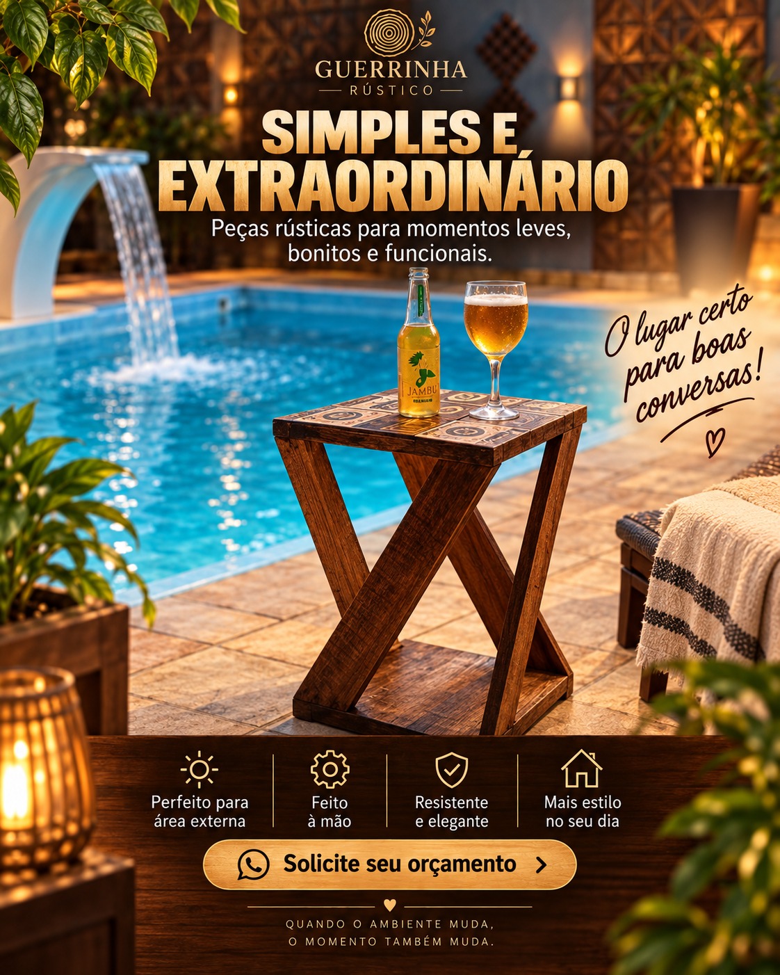 Mesa de apoio para área externa — Mesinha em X com tampo em ladrilho, feita para área de piscina, peça artesanal em madeira da Guerrinha Rústico