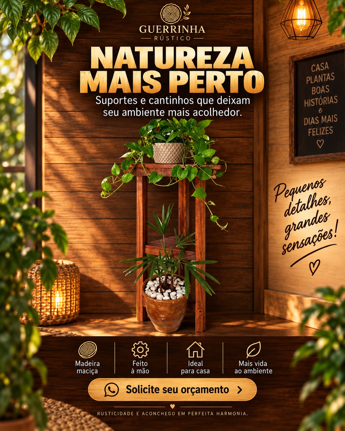 Suporte para plantas — Suporte de dois andares em madeira maciça para vasos, peça artesanal em madeira da Guerrinha Rústico