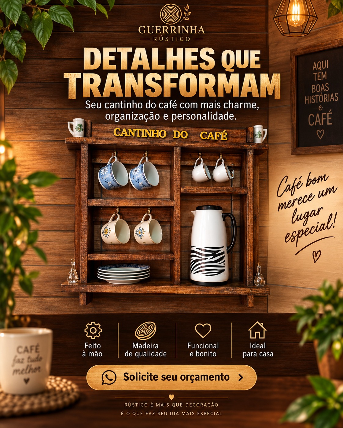 Cantinho do Café — Prateleira de parede com ganchos para xícaras e espaço para garrafa, peça artesanal em madeira da Guerrinha Rústico