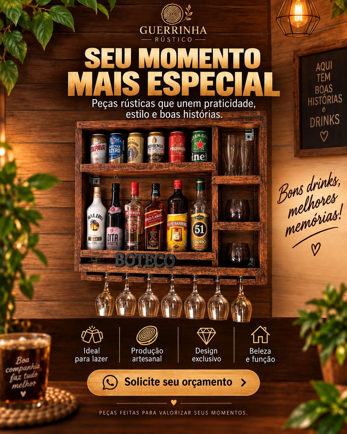 Boteco com porta-taças — Barzinho de parede com nichos para garrafas, latas e taças penduradas, peça artesanal em madeira da Guerrinha Rústico